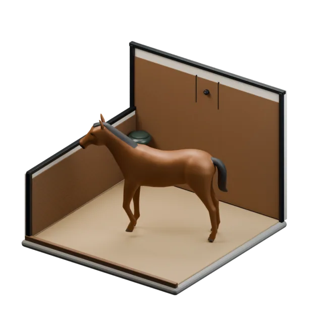 3D illustration of a horse in a timber stable with the black dome camera mounted high on the back wall
