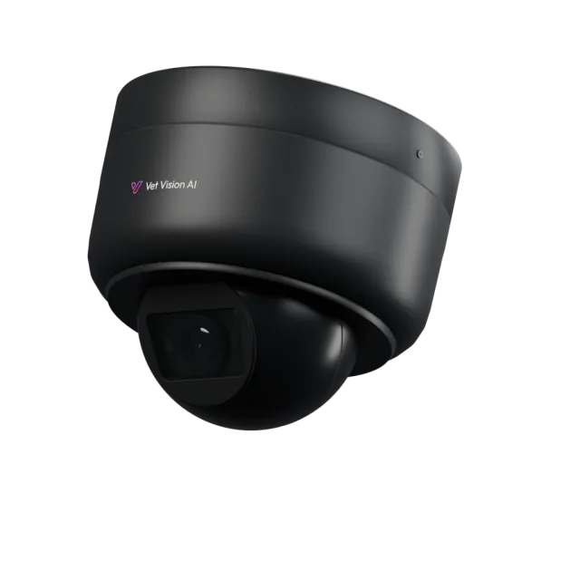 Three-quarter product view of the black MS-C5375-PDJ-BK camera with its cylindrical housing and recessed optical window