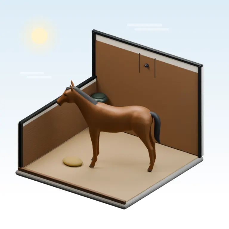A chestnut horse standing calmly in the cutaway stable in daylight.
